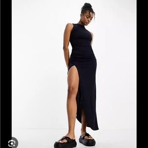 In search of Pull&Bear racer midaxi dress with split leg detail in navy